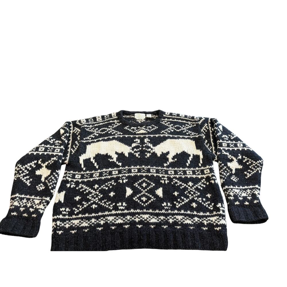 "AMERICAN EAGLE OUTFITTERS" Hand Knit 100% Wool SZ L Fighting Elk Sweater Chunky